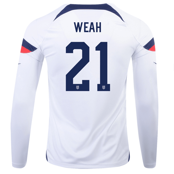 Nike United States Timothy Weah Home Long Sleeve Jersey 22/23 (White/Loyal Blue) | SoccerWearhouse
