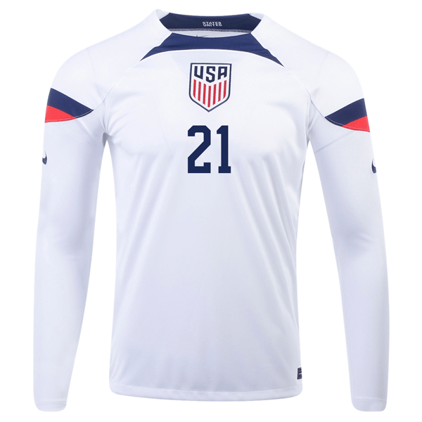 Nike United States Timothy Weah Home Long Sleeve Jersey 22/23 (White/Loyal Blue) | SoccerWearhouse