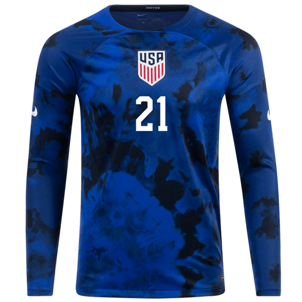 Nike United States Timothy Weah Long Sleeve Away Jersey 22/23 (Bright Blue/White) | SoccerWearhouse