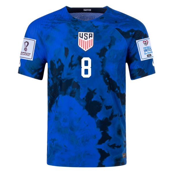 Nike United States Weston McKennie Authentic Match Away Jersey 22/23 w/ World Cup 2022 Patches (Bright Blue/White) | SoccerWearhouse