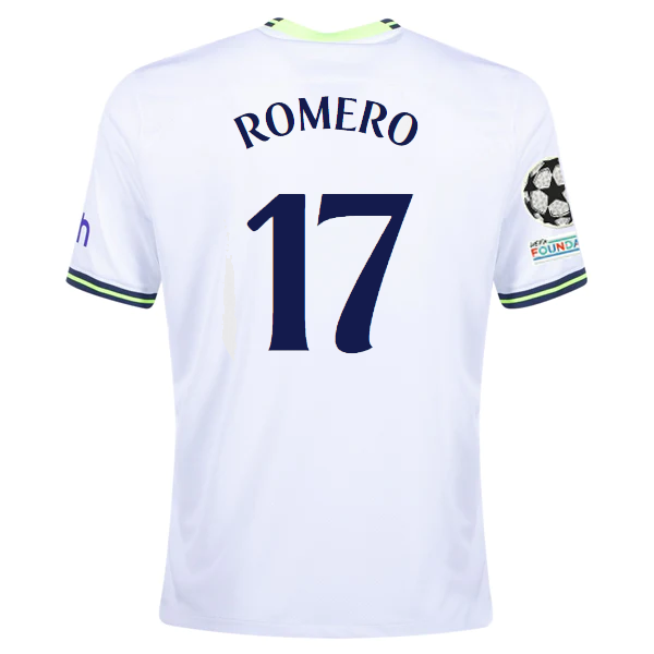 Nike Tottenham Cristian Romero Home Jersey w Champions League Patches 22 23 White