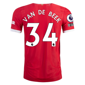 adidas Authentic Manchester United Donny Van de Beek Home Jersey w/ EPL + No Room For Racism Patches 21/22 (Real Red/White)